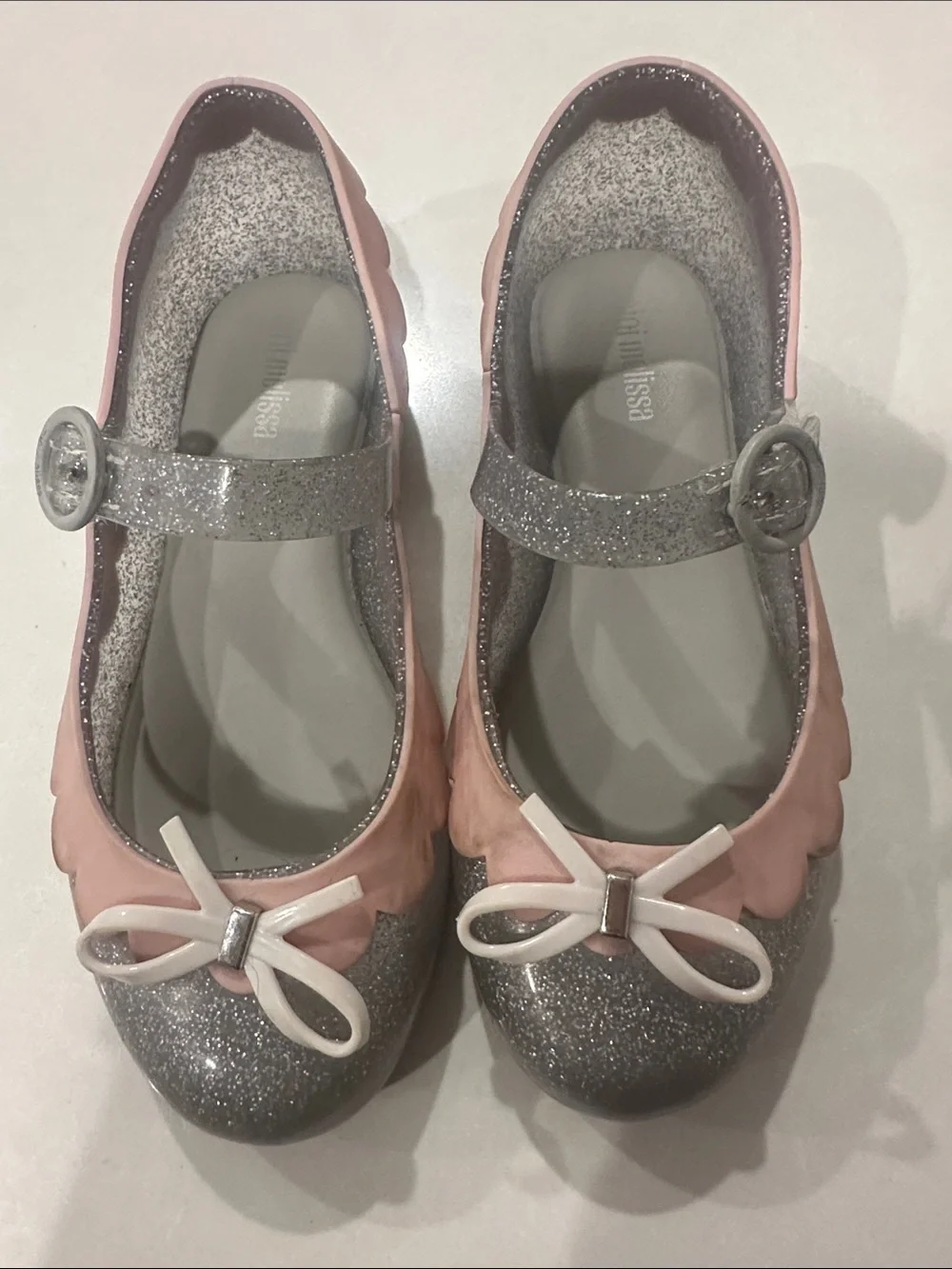 Mini Melissa Pink and Silver Glitter Mary Janes with Bow